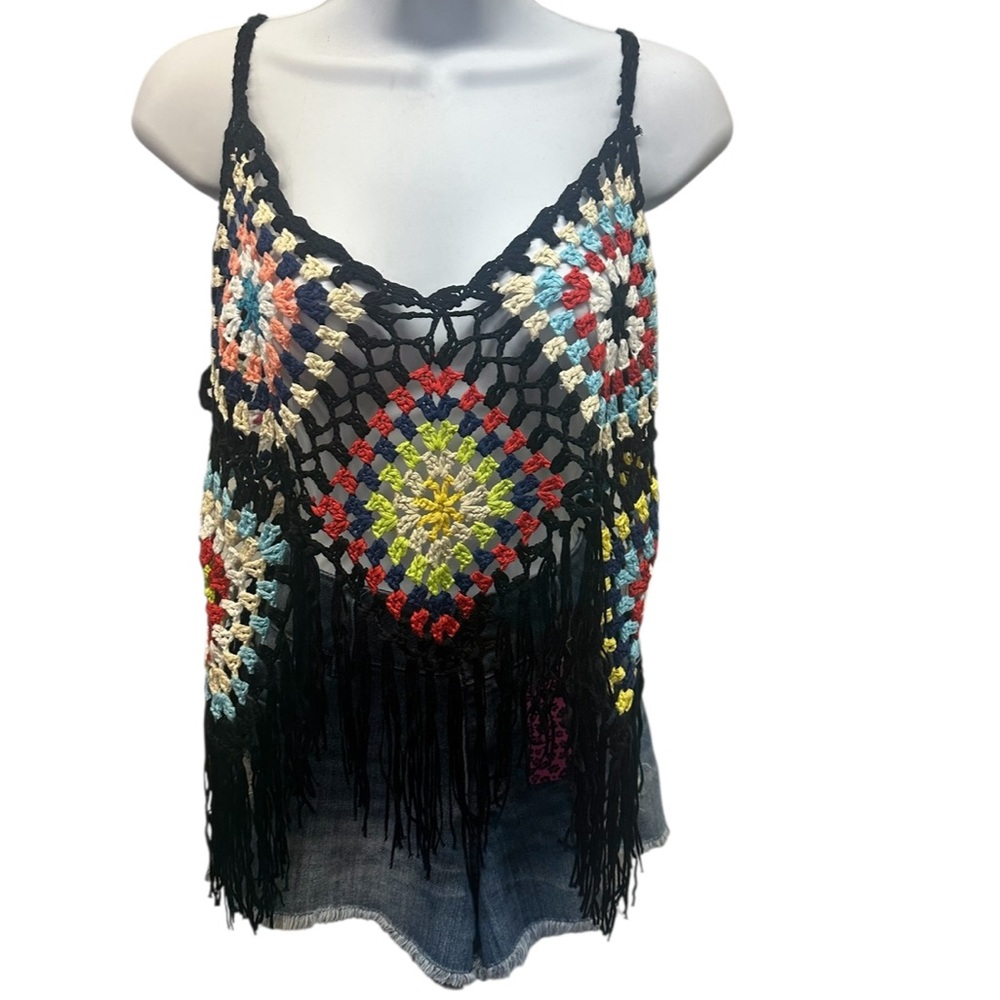 Boho Crochet Fringe Camisole. TURQ01 - Picture 1 of 3